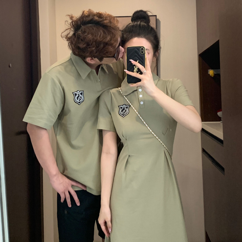 Set đồ đôi áo váy polo nam nữ couple màu xanh hàn quốc tag logo thời trang cặp đôi COUPLELOVE C099