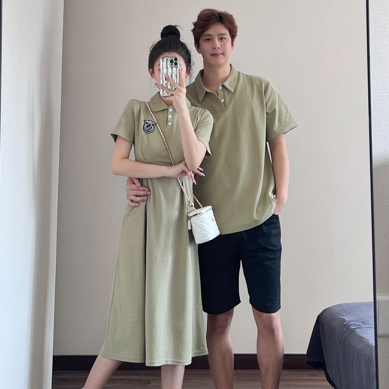Set đồ đôi áo váy polo nam nữ couple màu xanh hàn quốc tag logo thời trang cặp đôi COUPLELOVE C099