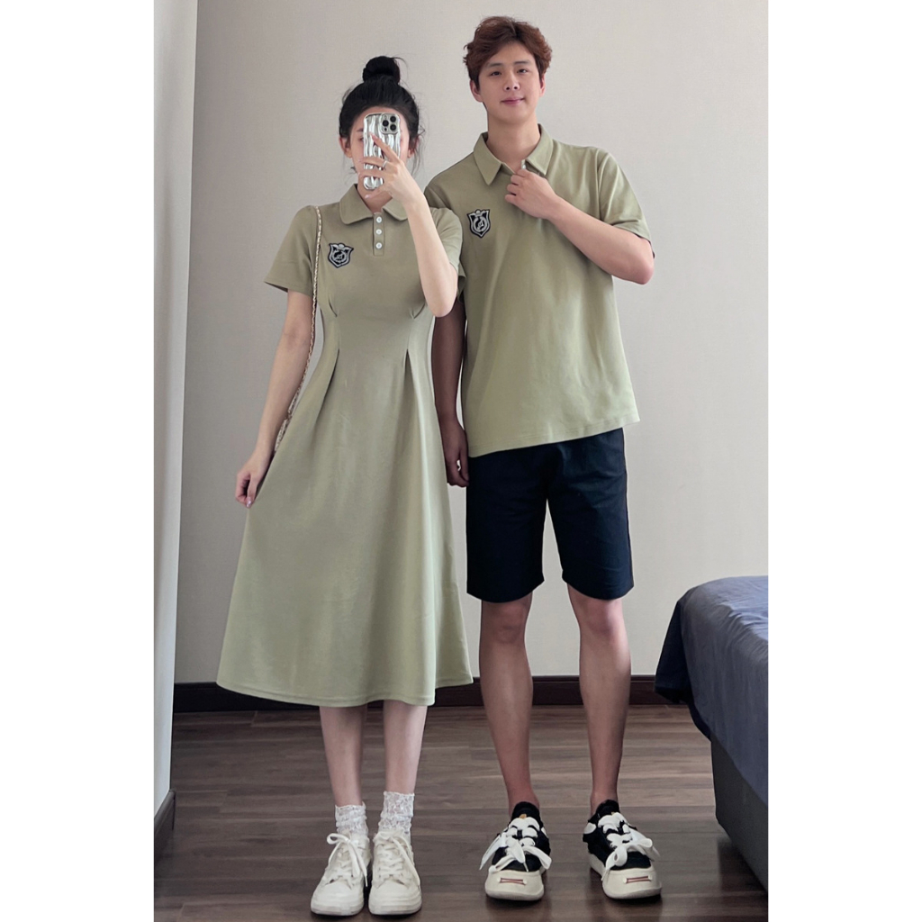 Set đồ đôi áo váy polo nam nữ couple màu xanh hàn quốc tag logo thời trang cặp đôi COUPLELOVE C099