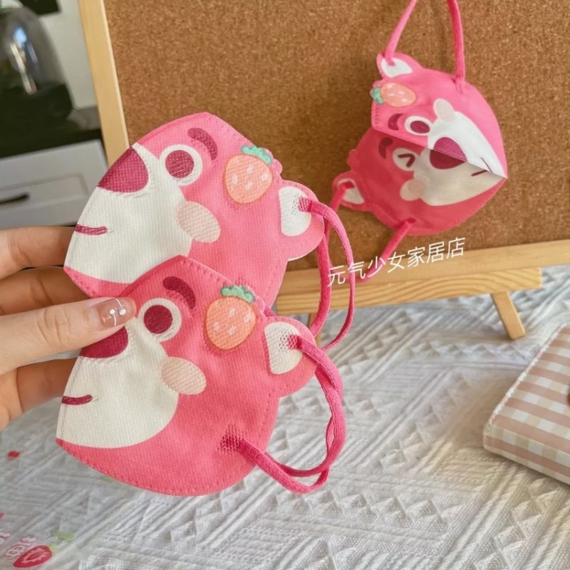 Set 10 khẩu trang 3D hình gấu dâu tây hoạt tiết hoạt hình