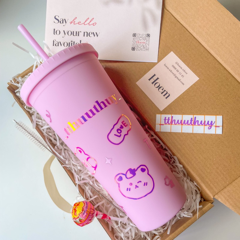 Mẫu Gấu Cute - Ly Nhựa kèm Ống Hút/ Bình Nước, Ly Nước Giữ Nhiệt Custom Tên