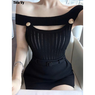 Áo trễ vai balmain khuy khoét ngực len mongtoghi