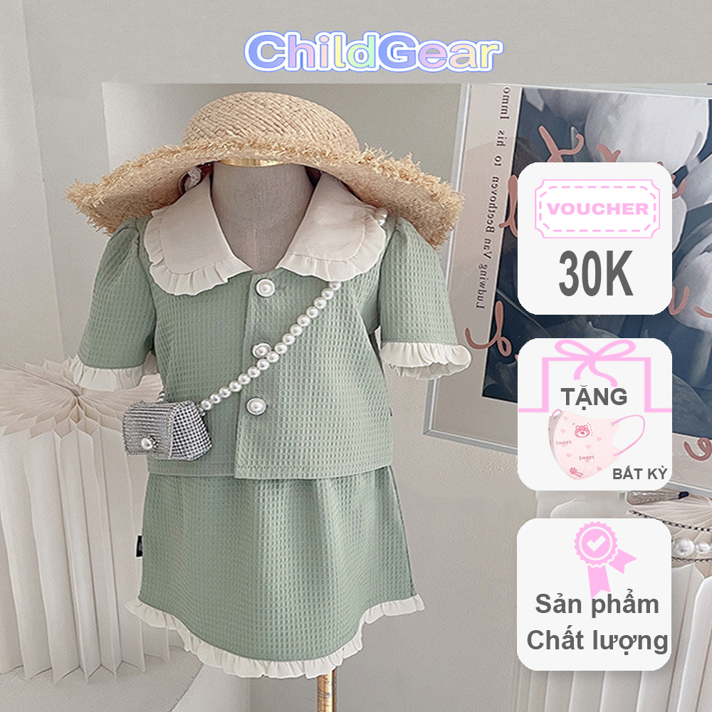 Set váy xanh lá viền trắng phong cách Hàn Quốc dễ thương, thoải mái cho bé gái đi học, đi chơi, đi biển CHILDGEAR