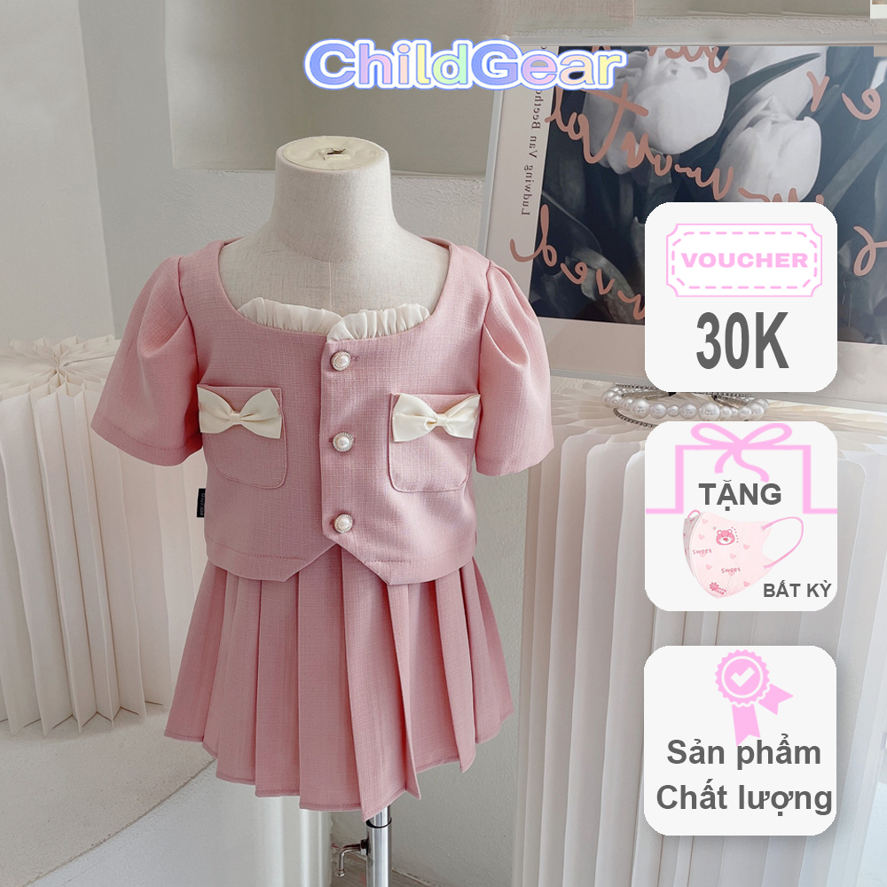 Set váy hồng đính nơ phong cách Hàn Quốc dễ thương, thoải mái cho bé gái đi học, đi chơi, đi du lịch CHILDGEAR
