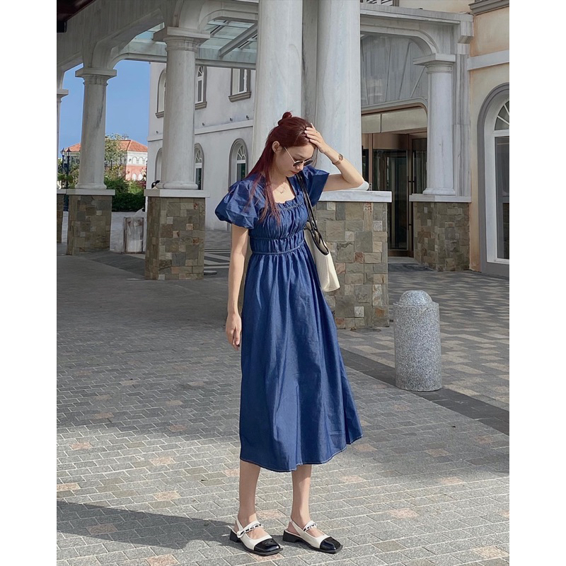 𝐃𝐞𝐧𝐢𝐦 𝐃𝐫𝐞𝐬𝐬 𝟎𝟑 - Đầm denim cổ vuông tay bồng