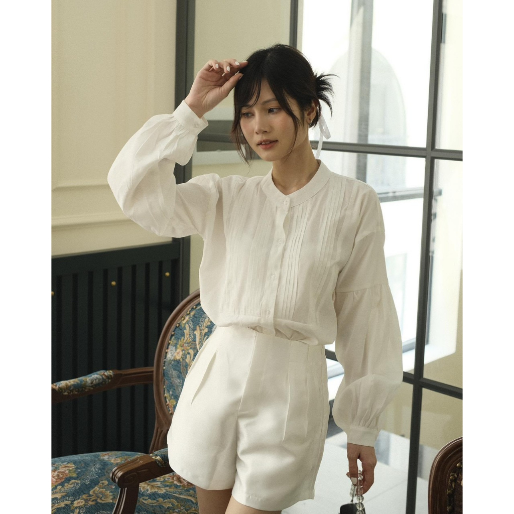 ÁO sơ mi tay dài , sơ mi thiết kế xếp li ngực xinh xắn chất liệu cotton TD0010
