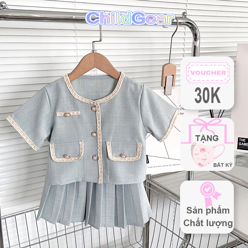 Set váy xanh tiểu thư phong cách Hàn Quốc dễ thương, thoải mái cho bé gái đi chơi, đi học CHILDGEAR