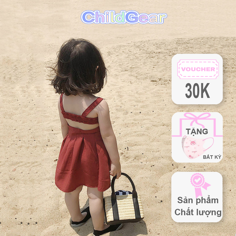 Váy hai dây đỏ phong cách Hàn Quốc dễ thương, thoải mái cho bé gái đi chơi, đi du lịch CHILDGEAR