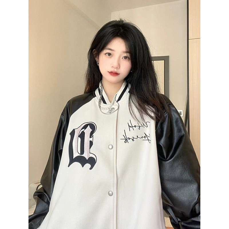 Áo khoác bóng chày tay da chữ D hoạ tiết chữ thời trang nam nữ