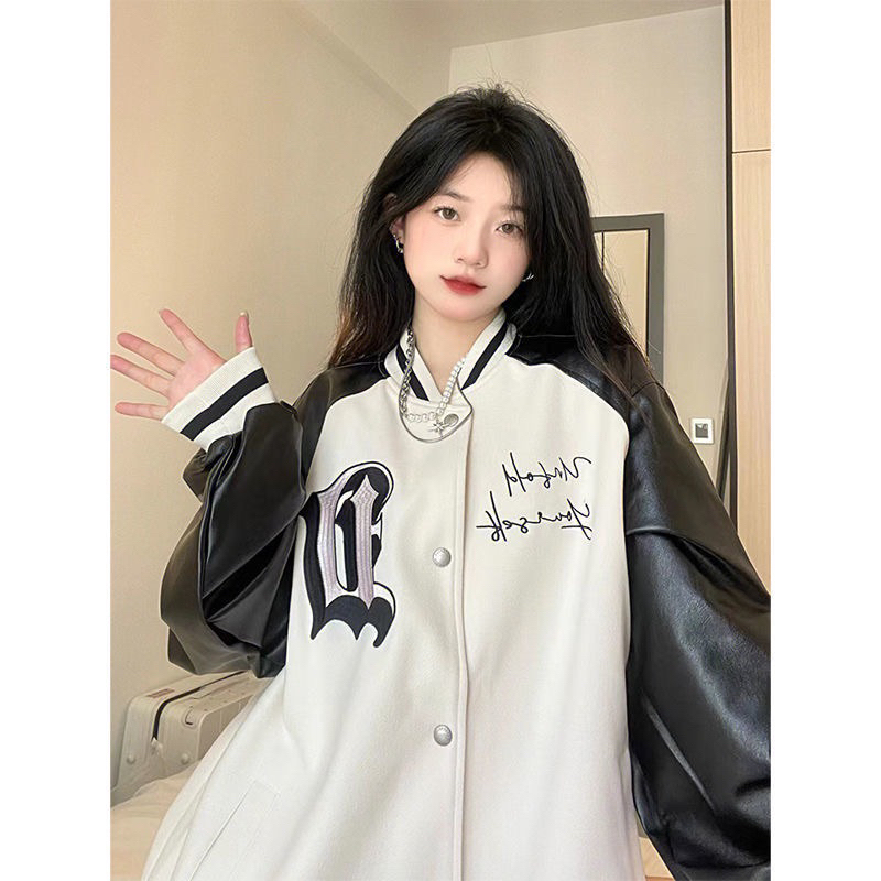 Áo khoác bóng chày tay da chữ D hoạ tiết chữ thời trang nam nữ