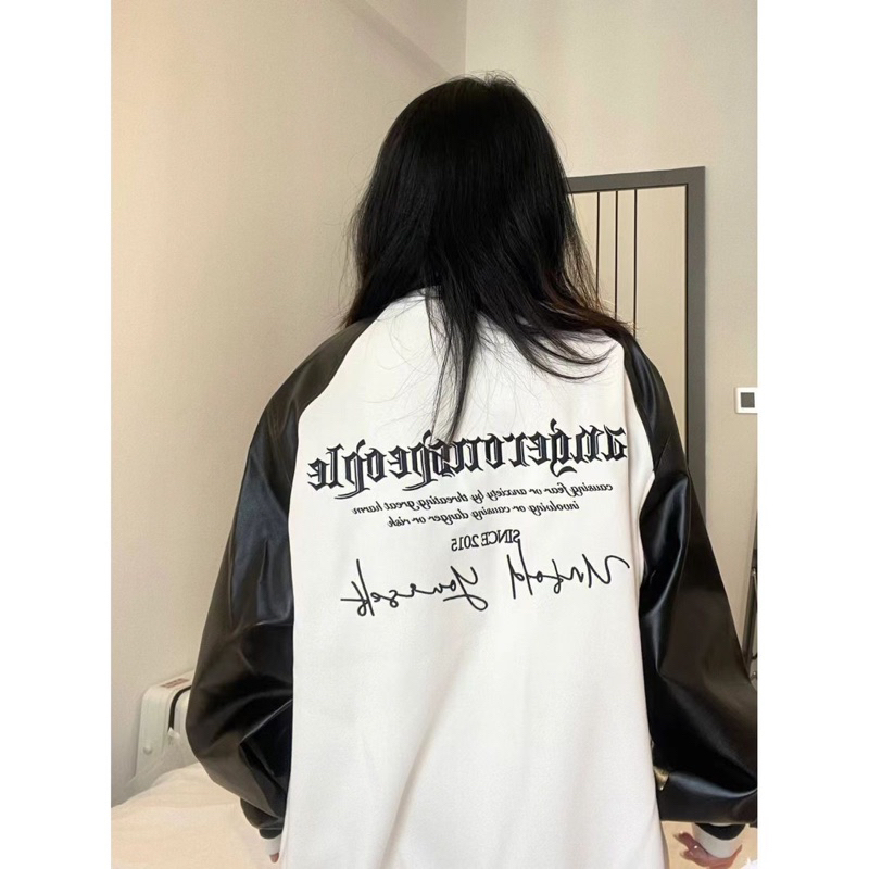 Áo khoác bóng chày tay da chữ D hoạ tiết chữ thời trang nam nữ