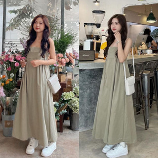 Đầm maxi 2 dây đi biển dáng babydoll, Váy 2 dây maxi tông xanh hottrend