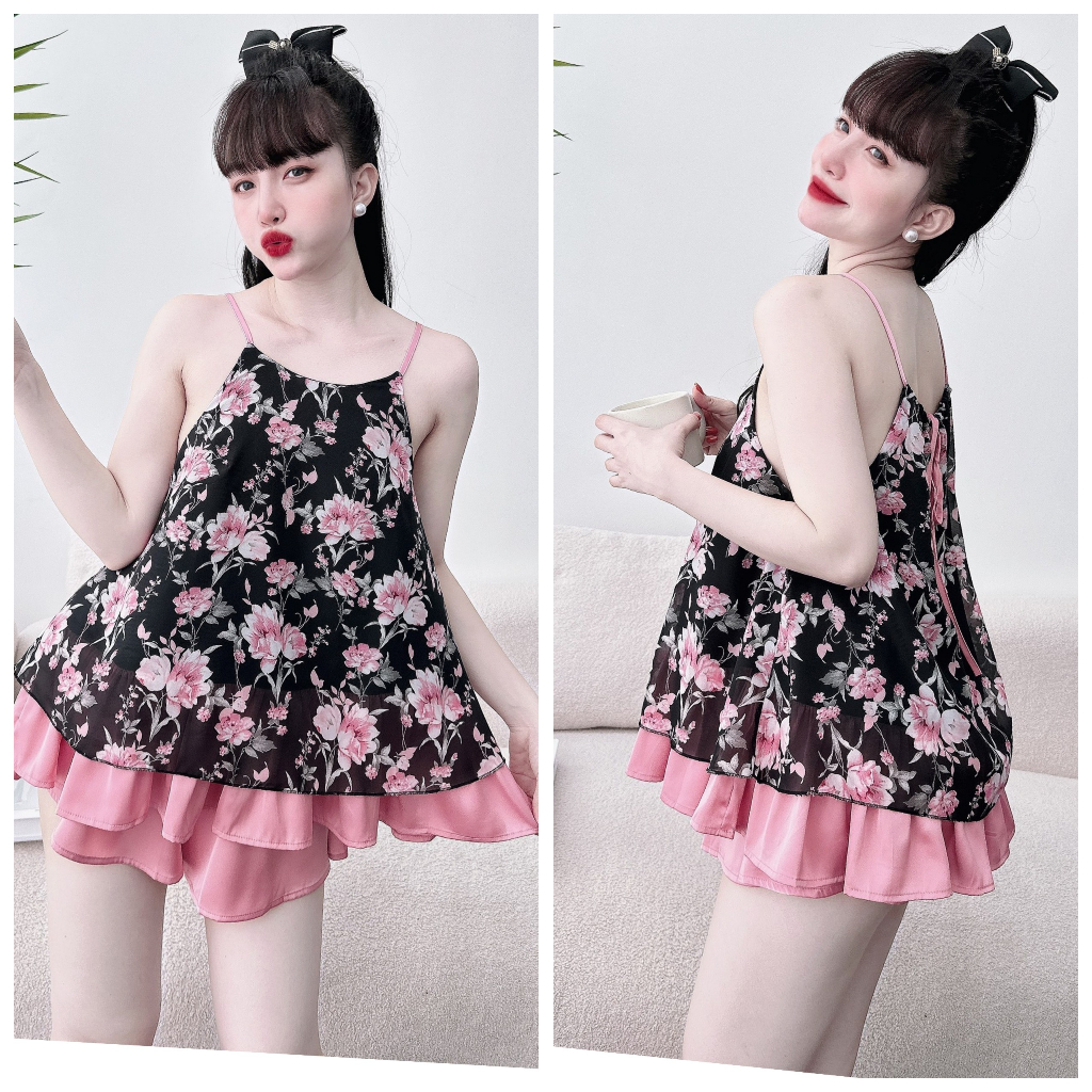 Set bộ 2 dây, đồ ngủ đồ mặc nhà 2 dây quần váy chiffon phối lụa latin mẫu siêu cưng siêu xịn xò