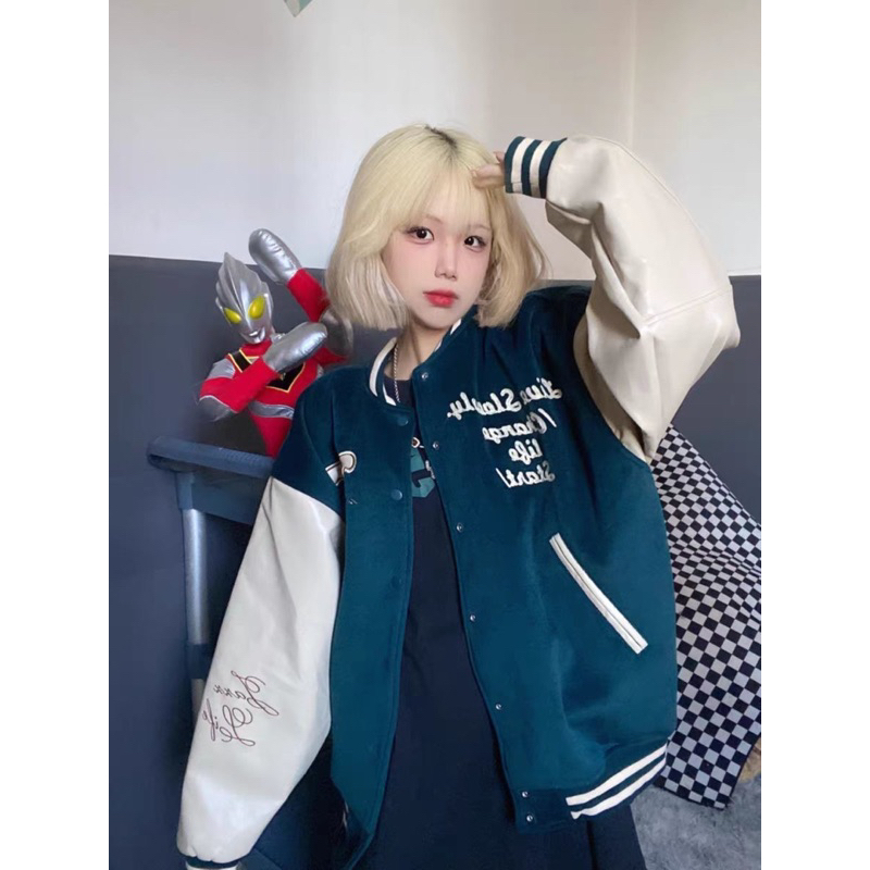 Áo Khoác Bóng Chày Nữ Mùa Thu Mỹ Retro Tay Raglan Mới Kiểu Oversize Thời Trang Nam Nữ