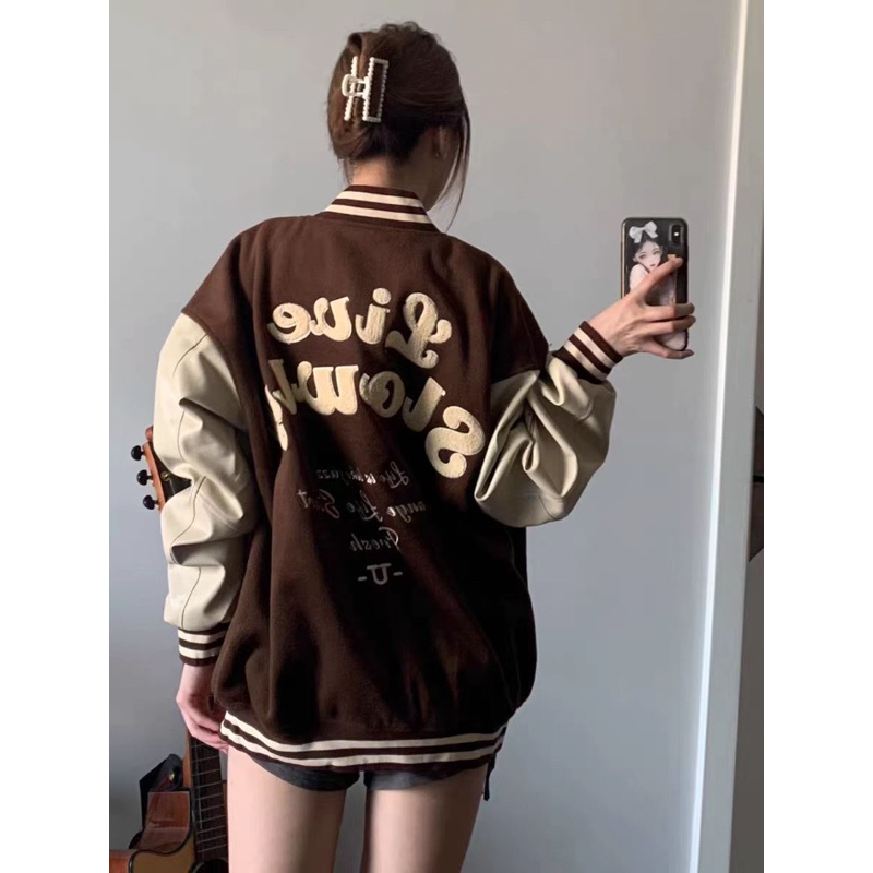 Áo Khoác Bóng Chày Nữ Mùa Thu Mỹ Retro Tay Raglan Mới Kiểu Oversize Thời Trang Nam Nữ