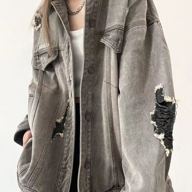 Áo Khoác Jean Denim Jacket Kiểu Rách Màu Xám Tay Khoá Thời Trang Nam Nữ