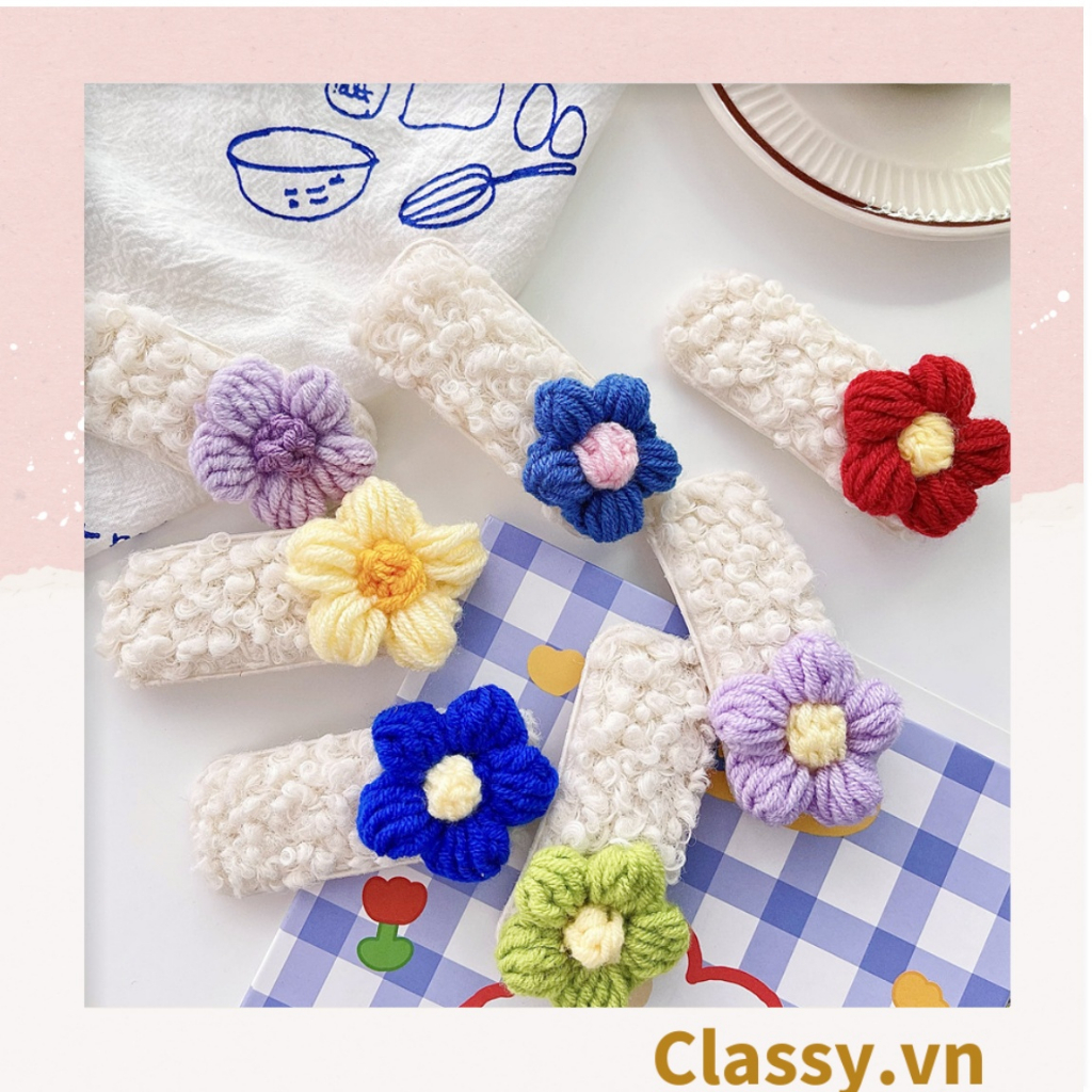 Kẹp tóc Classy Lông Cừu màu trắng, Họa Tiết hoa năm cánh Dễ Thương Phong Cách Hàn Quốc PK1681
