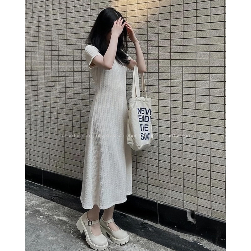 Váy polo nữ NhunFashion Đầm thun body dáng dài họa tiết xương cá chất cotton len dày dặn siêu co giãn diện 4 mùa N115