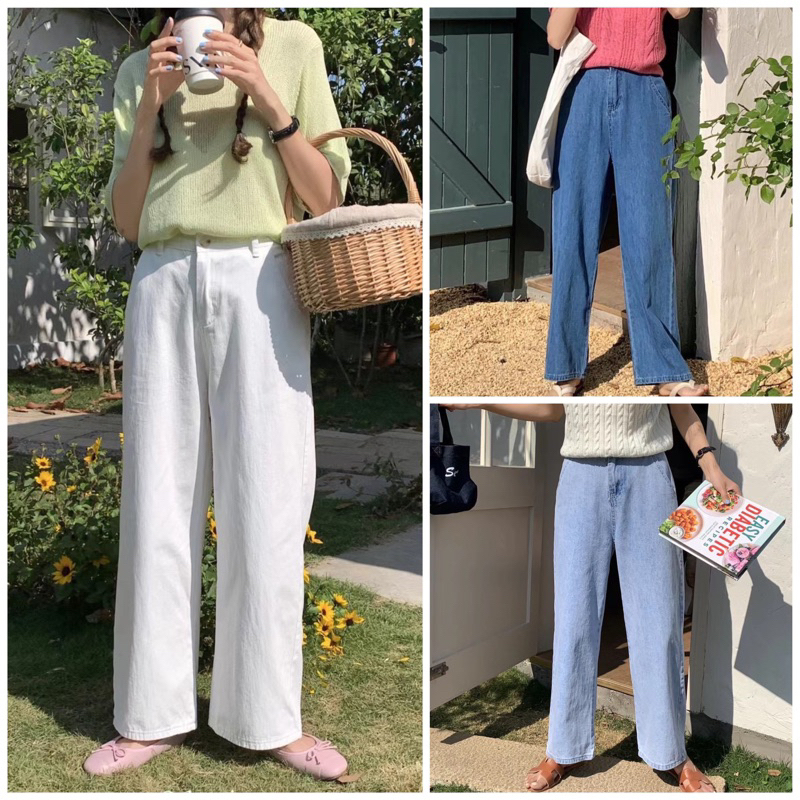 Quần suông denim chun lưng ống rộng chất bò mềm phong cách Hàn Quốc