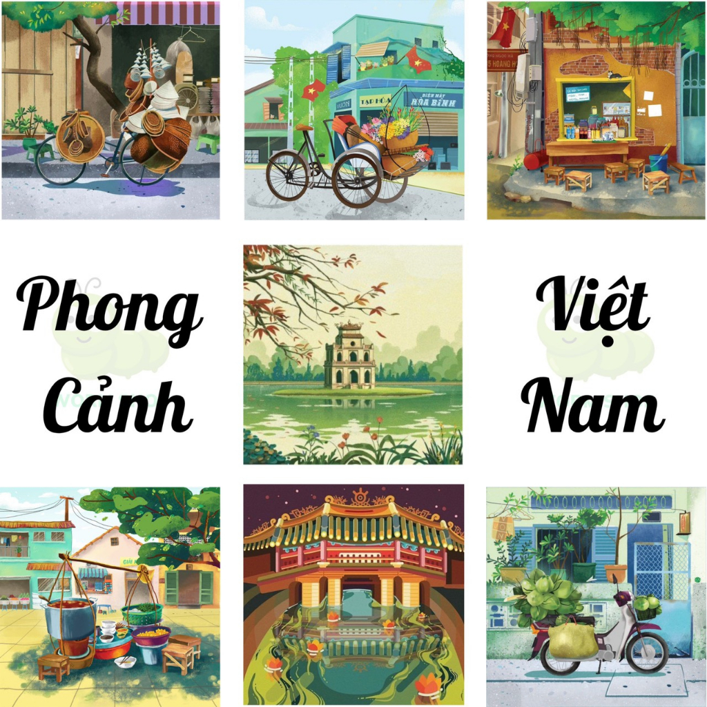 TRANH TÔ MÀU SỐ HÓA PHONG CẢNH VIỆT NAM | SIZE 20X20 ( CĂNG SẴN KHUNG, TRANH, CỌ, MÀU )