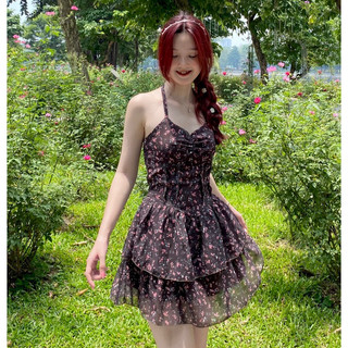 [Mua tại live giảm 40K] Váy hoa nhí trễ vai 2 dây cổ yếm hở lưng 2 tầng ulzzang dễ thương xinh xắn