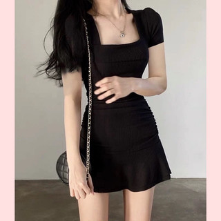 Hàng Sẵn Đầm Cổ Vuông Dáng Ôm Chất Liệu Co Giãn Màu Trơn Thời Trang Cho Nữ Đầm Ôm Dệt Kim Tay Phồng Cổ Vuông Màu Đen