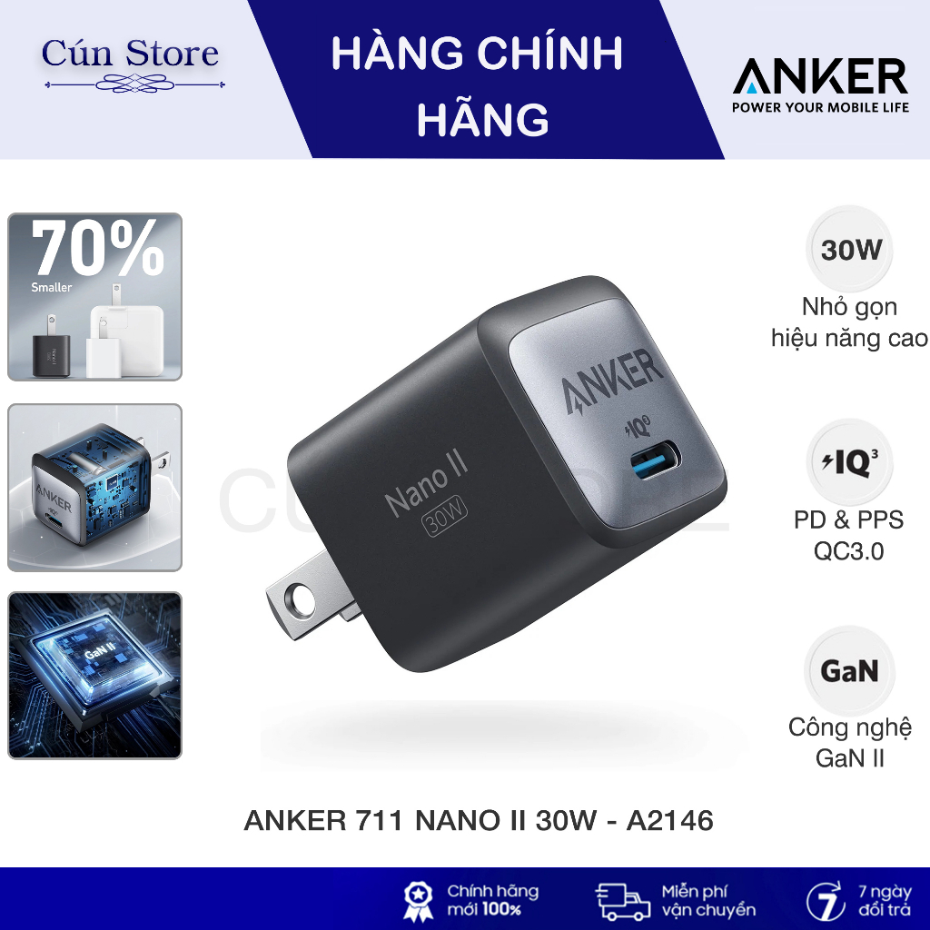 Củ sạc nhanh Anker 711 Nano GaN II 30W - A2146 hỗ trợ PD/PPS/QC kích thước nhỏ gọn | Bảo hành 12 tháng