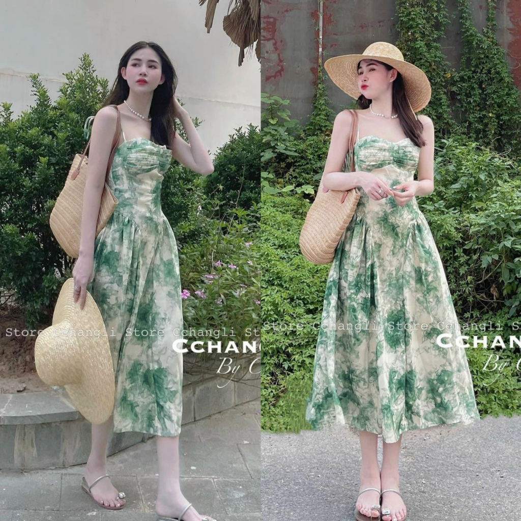 Đầm váy nữ công chúa dáng xòe xếp ly 2 dây kèm mút ngực in họa tiết duyên dáng đáng yêu [957]