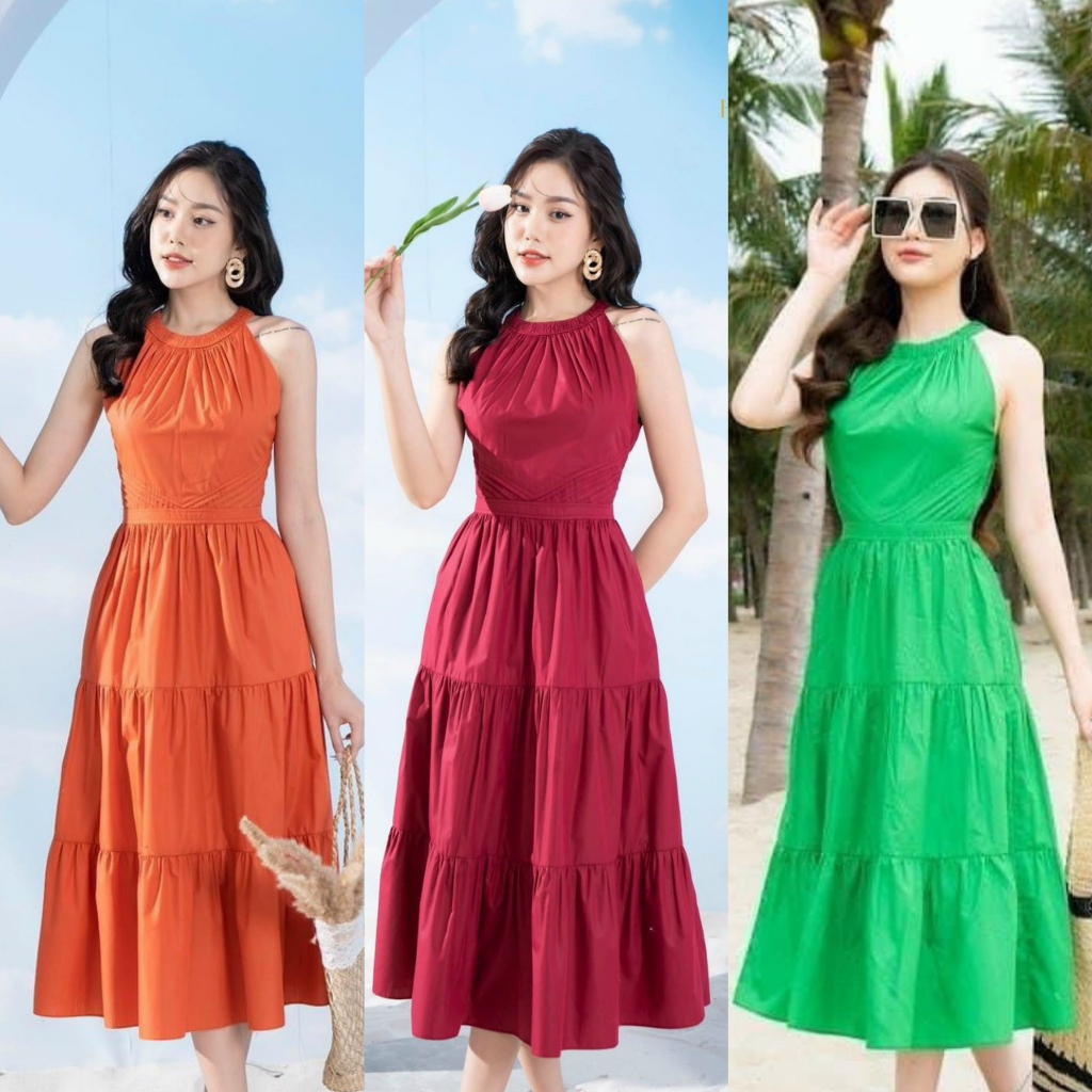 Đầm váy nữ dáng midi xòe xếp tầng cổ yếm 3 màu xinh xắn phù hợp đi biển, dạ hội [909]