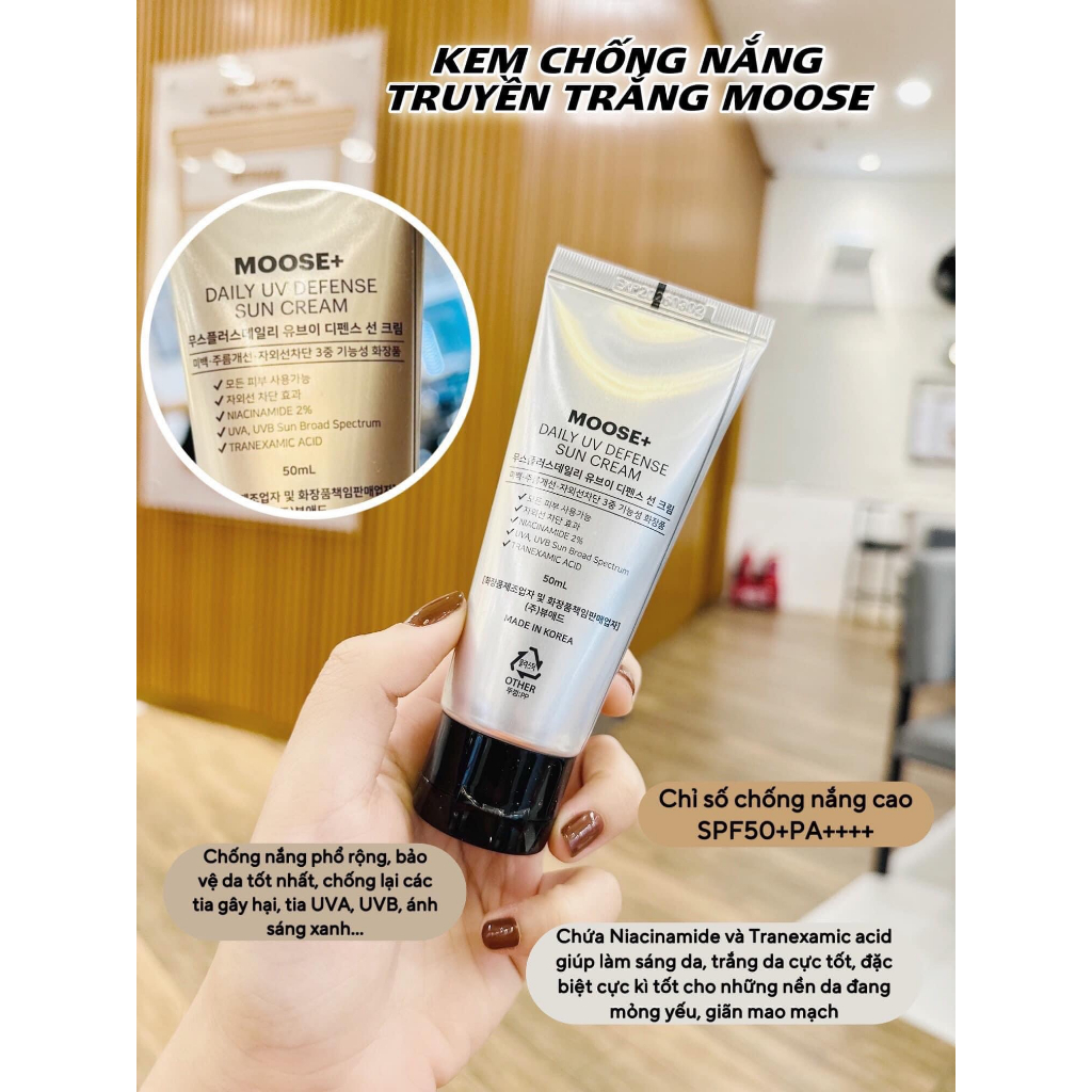 [CHÍNH HÃNG] Kem chống nắng phổ rộng truyền Trắng nâng tone MOOSE+ không bết dính SPF 50+ 50Ml