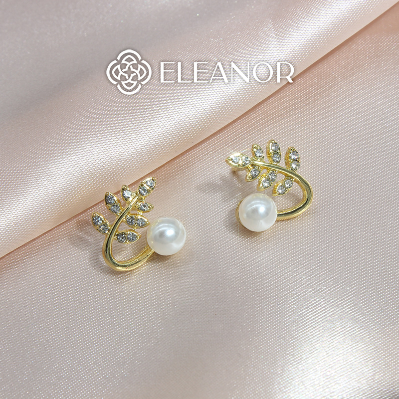 Bông tai nữ chuôi bạc 925 Eleanor Accessories hình lá đính ngọc trai phụ kiện trang sức 5349
