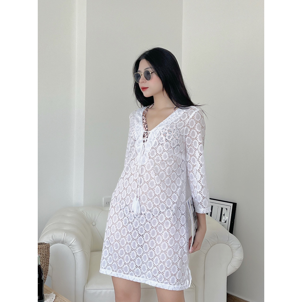 Áo choàng mặc ngoài bộ biniki cover up tay lỡ ren trắng K0na xuất khẩu
