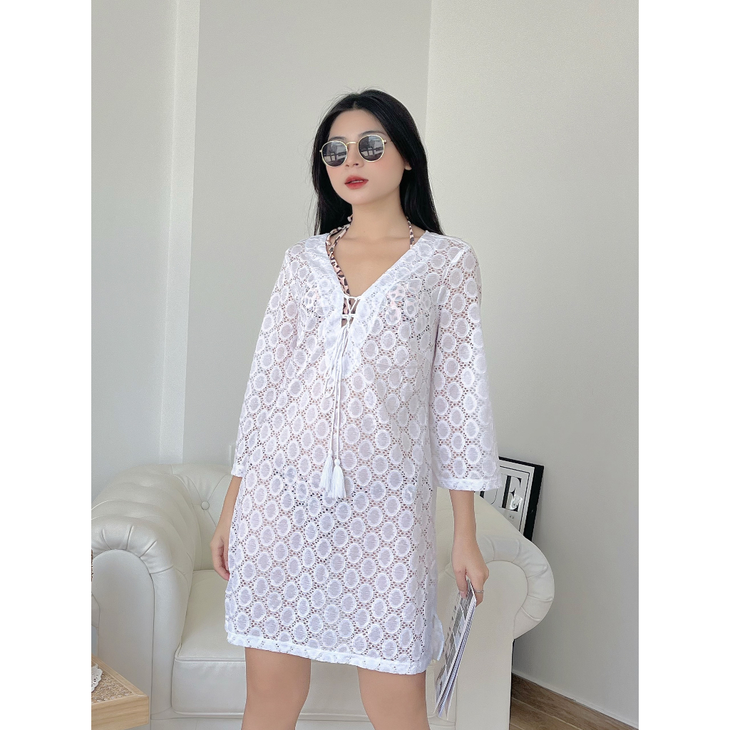 Áo choàng mặc ngoài bộ biniki cover up tay lỡ ren trắng K0na xuất khẩu