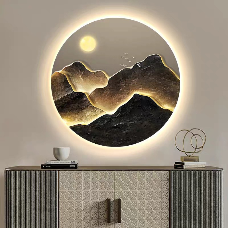 Tranh tròn tráng gương điện đèn LED tích hợp treo tường phủ bóng phong cảnh núi non sơn thủy SIMI20230506