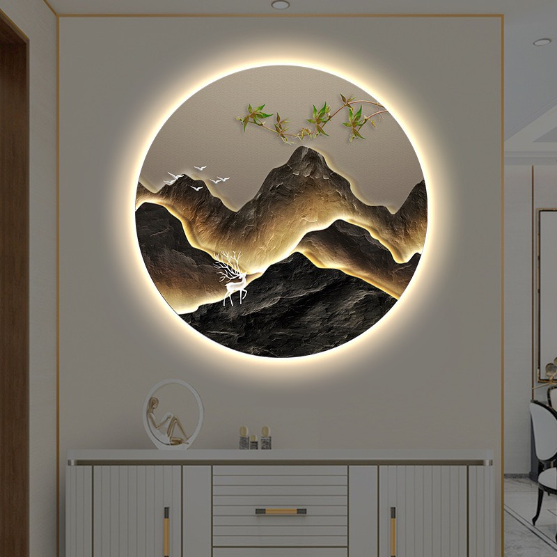 Tranh tròn tráng gương điện đèn LED tích hợp treo tường phủ bóng phong cảnh núi non sơn thủy SIMI20230506