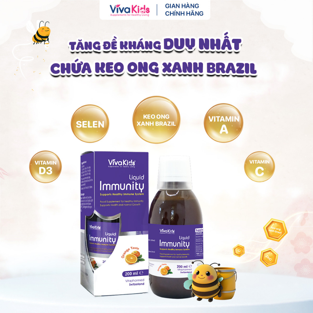 Siro Tăng đề kháng từ Keo ong xanh VivaKids Immunity hỗ trợ phòng ngừa bệnh đường hô hấp (C/200ml)