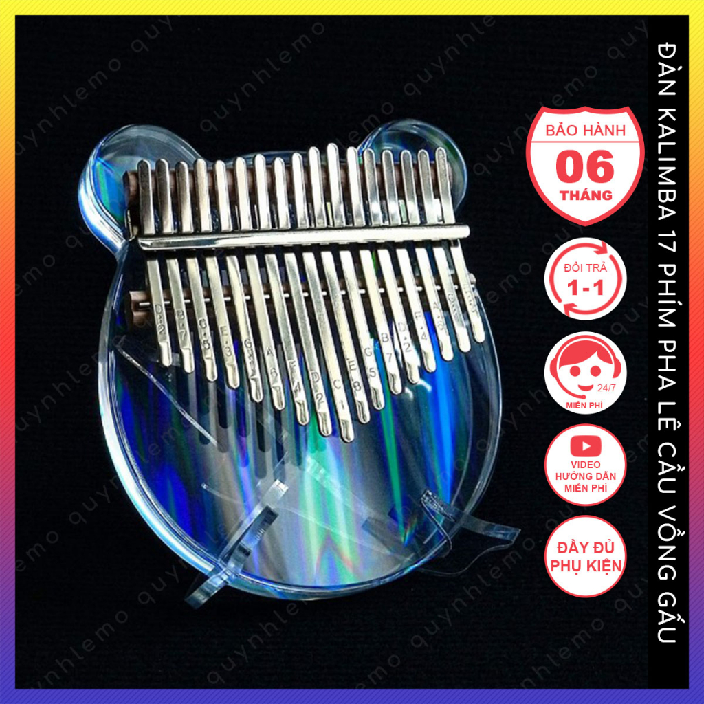 Đàn kalimba 17 phím trong suốt hình gấu QUYNHLEMO, Kalimba pha lê acrylic cầu vồng tặng kèm phụ kiện