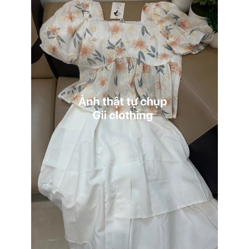 Set áo baby doll chân váy trắng dài