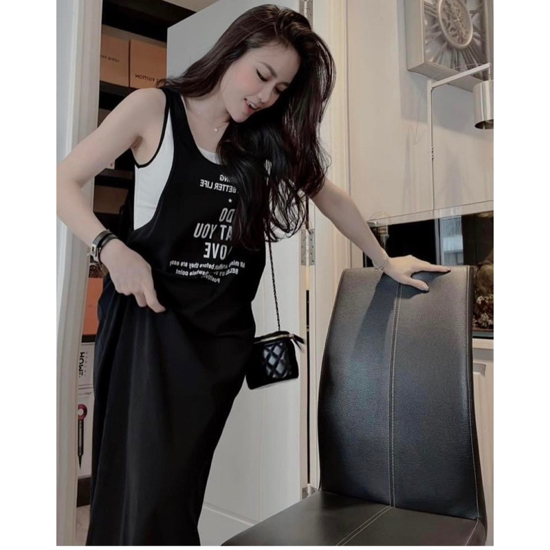 Set áo ba lỗ kèm váy suông dài đen chất cotton thô mềm đẹp, đầm nữ phối đen trắng không tay thời trang cá tính