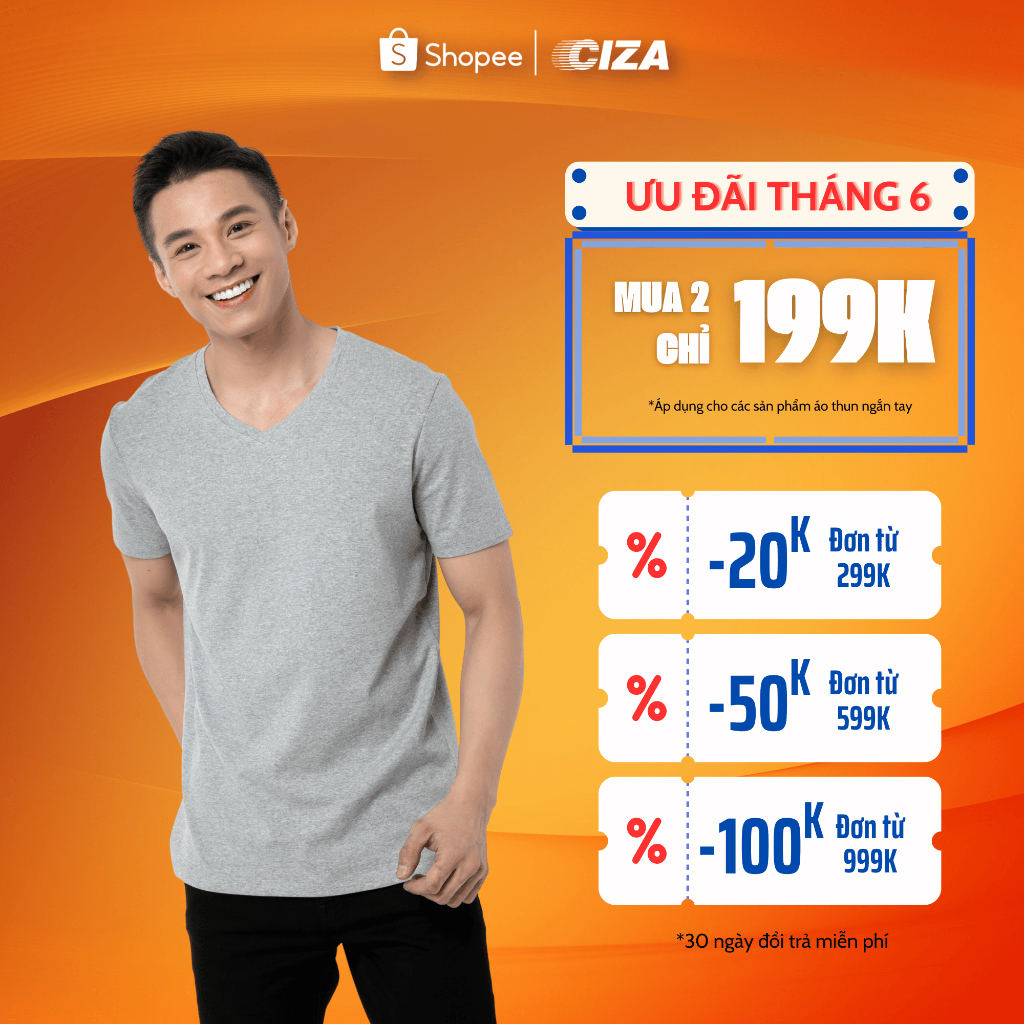 Áo thun nam cổ tim CIZA vải cotton co giãn mặc thoáng mát thấm hút mồ hôi size S M L XL ATNY02