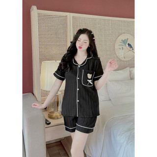 Đồ ngủ, Bộ cộc đùi, Pyjama chất liệu đũi gân có túi gấu
