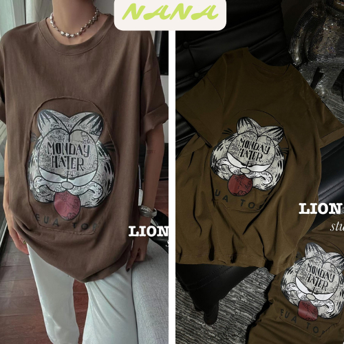 Áo thun LION cổ tròn tay lỡ form rộng dáng dài unisex/Áo phông nam nữ chất cotton khô freesize thời trang mùa hè nanasto