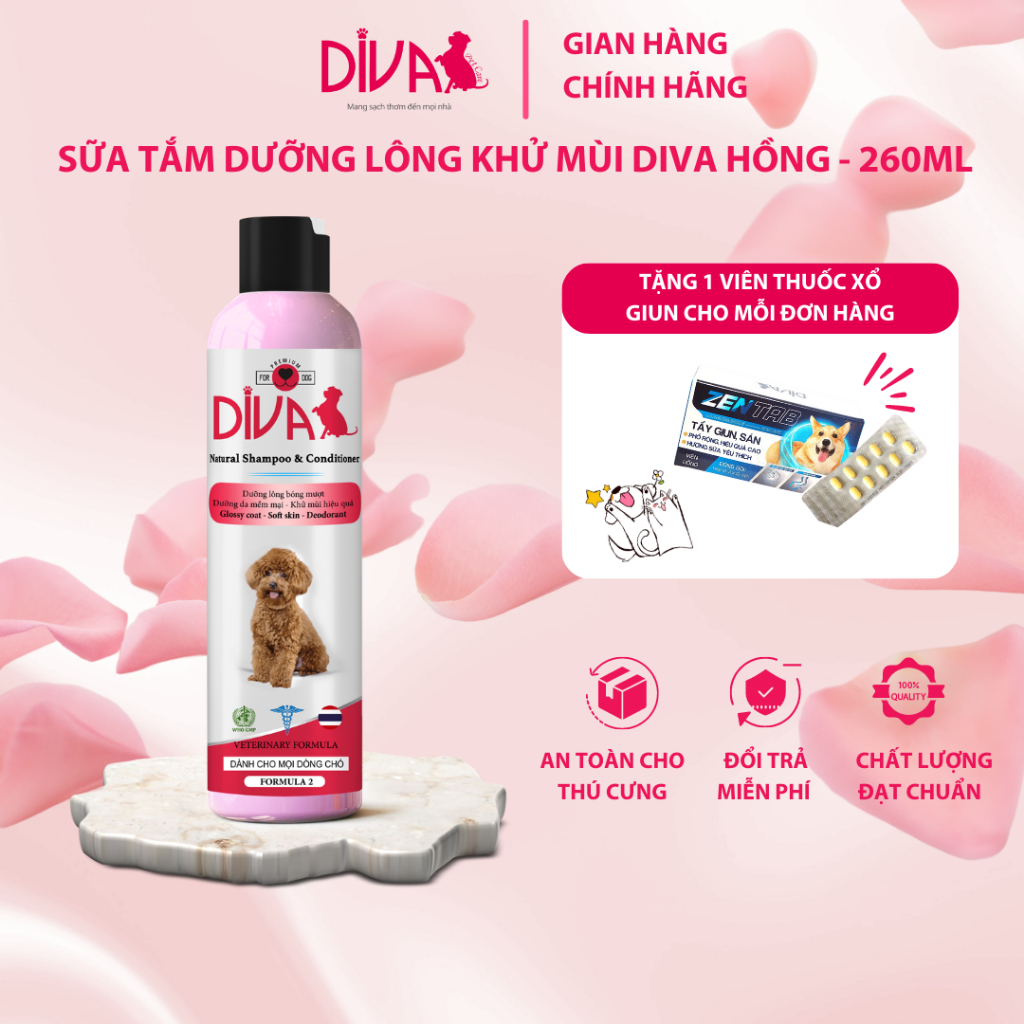 SỮA TẮM CHÓ DƯỠNG LÔNG KHỬ MÙI DIVA HỒNG 260ML