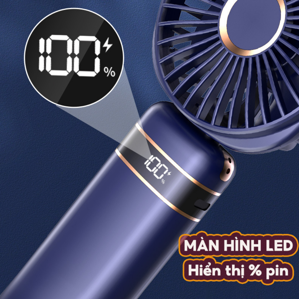 Quạt Cầm Tay Mini Gấp Gọn 5 Cấp Độ Gió Pin Sạc Dung Lượng Lớn 6000mAh Có Màn Hình Hiển Thị Pin, Cổng sạc