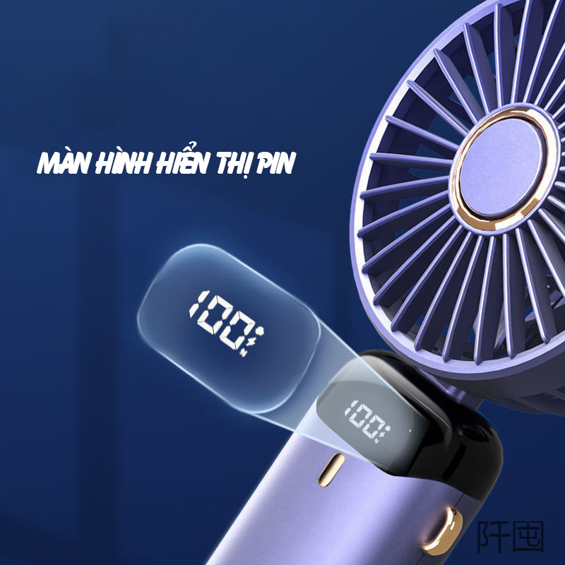 Quạt Cầm Tay Mini Gấp Gọn 5 Cấp Độ Gió Pin Sạc Dung Lượng Lớn 6000mAh Có Màn Hình Hiển Thị Pin, Cổng sạc