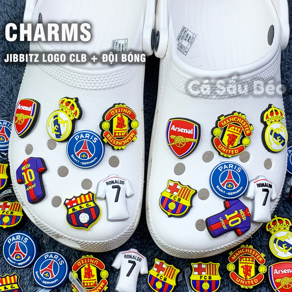 Sticker/jibbitz/charm Logo Bóng Đá,áo CR7,MESSI, MU, Barca, real maldrid, PSG, arsenal, Chất lượng rất cao chọn mẫu.