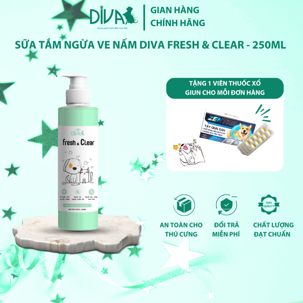 SỮA TẮM NGỪA VE NẤM CHO CHÓ MÈO DIVA FRESH & CLEAR 250ML