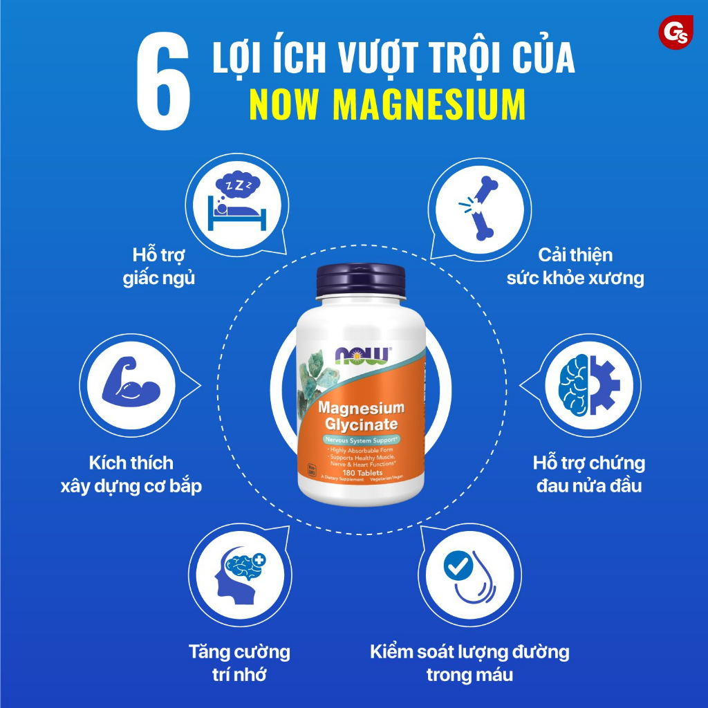 Viên uống NOW Magnesium Glycinate 200 mg with TRAACS, (180 viên) nhập khẩu Mỹ - Gymstore