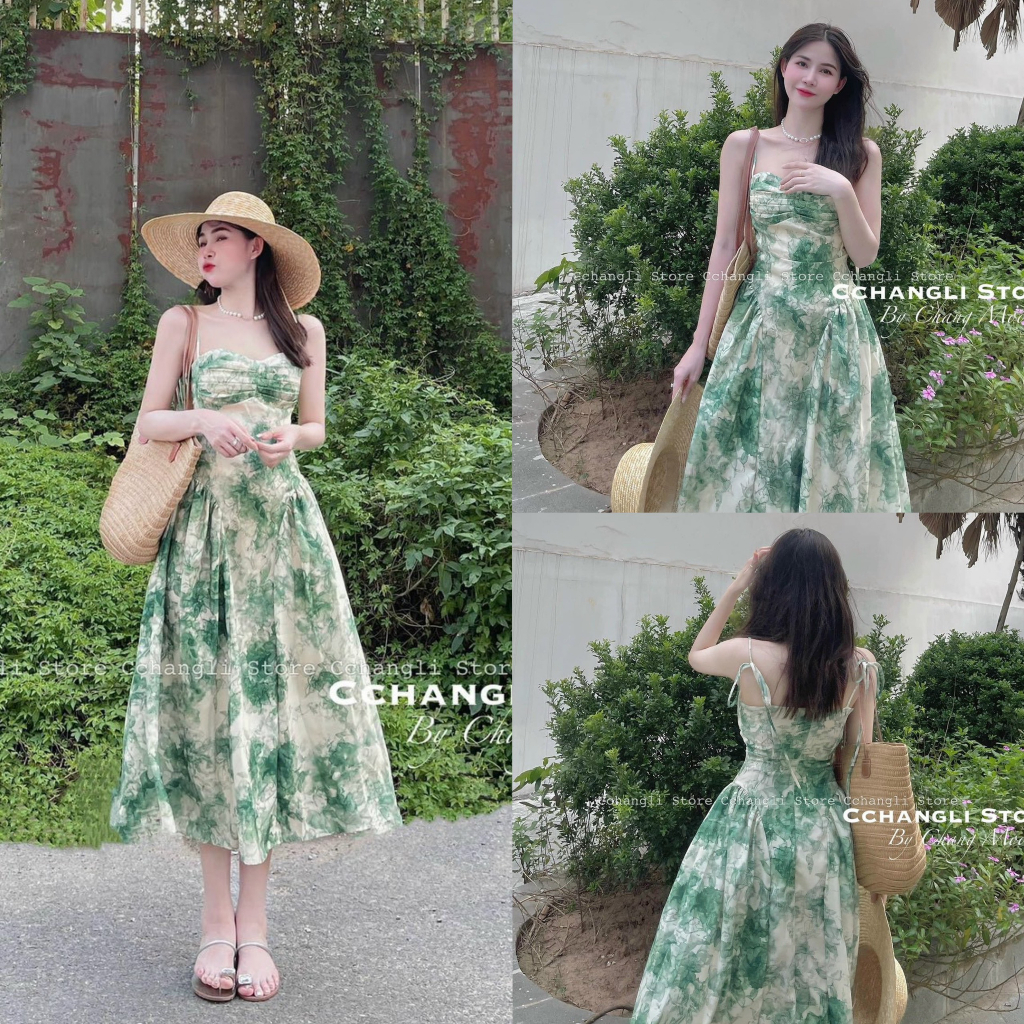 Đầm váy nữ tùng xòe 2 dây họa tiết loang hoa xếp ly ngực siêu xinh xắn, tôn dáng phù hợp cho các chị em dự tiệc, đi biển
