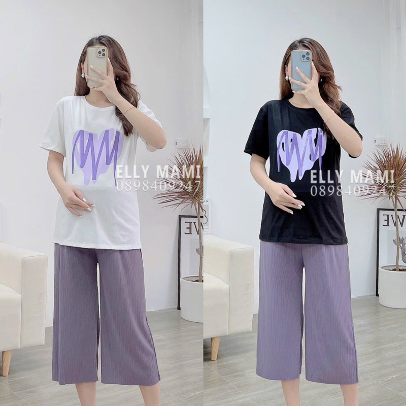 BỘ ĐỒ BẦU THUN TĂM QUẦN CÓ CHUN CHỈNH MÀU TÍM MỘNG MƠ